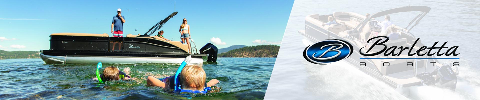 Barletta Boat Banner - kids snorkeling by a Barletta Pontoon Boat while parents watch on Lake Simcoe 