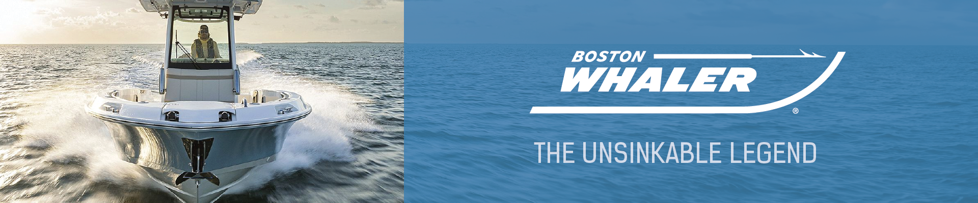 Boston Whaler boat ad featuring Boston Whaler logo and centre console boat image