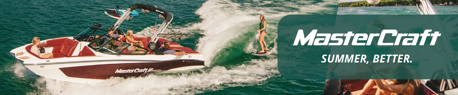 Mastercraft Boats Ad a person surfing behind red mastercraft wake boat.  Ad contains logo